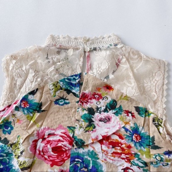 Umgee | Sleeveless Floral Print High Neck Dress Crochet Yoke Ruffle Hem Brunch - Picture 11 of 15